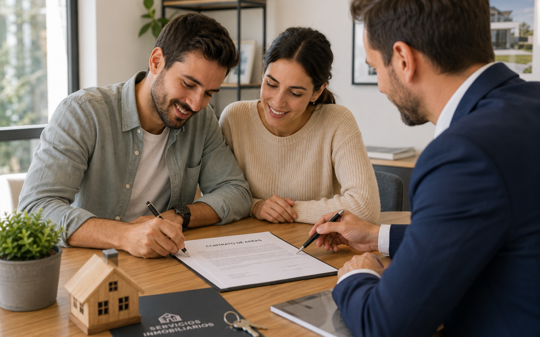 Pareja firmando un contrato de arras con su asesor inmobiliario